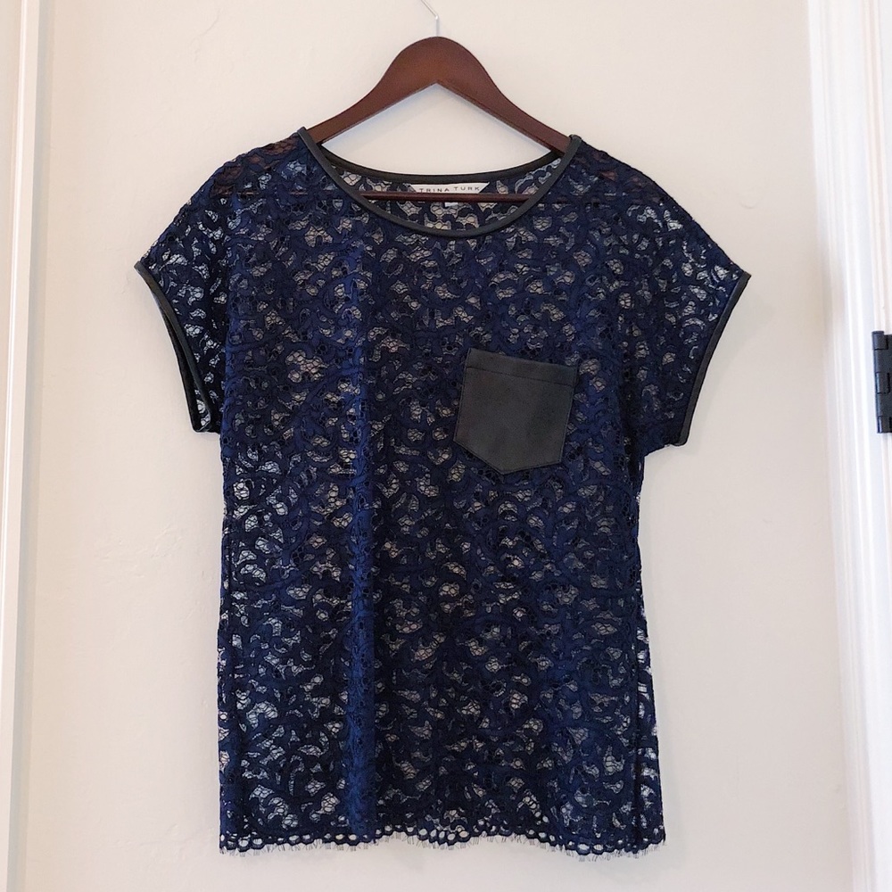 Trina Turk Navy Lace Pocket Blouse